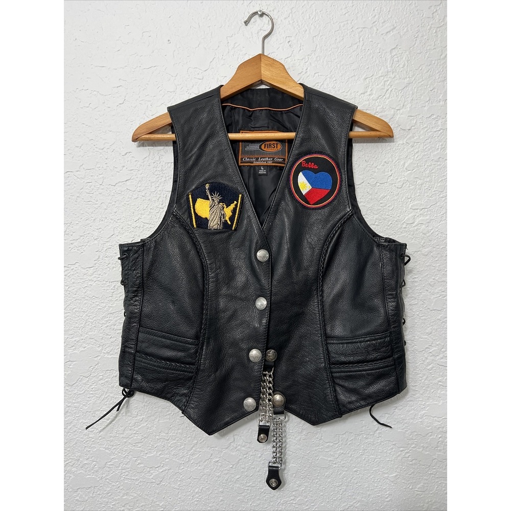 First‎ Classics Black Leather Snap Button Biker Vest Womens Size L